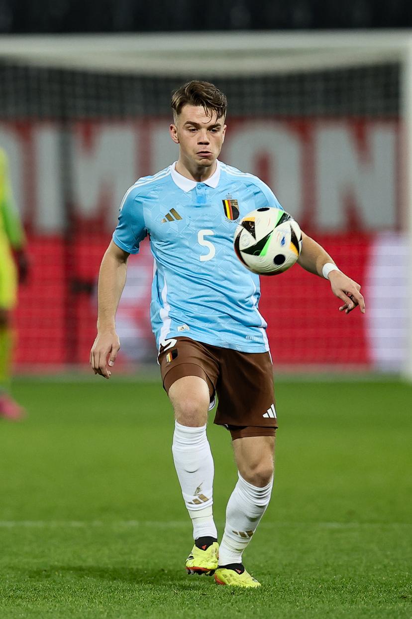 Belgium's Matteo Dams pictured in action during a soccer game between the U21 youth team of the Belgian national team Red Devils and the U21 of Czechia, in Heverlee, Leuven, on Friday 15 November 2024, the first leg of the play-offs for the 2025 UEFA European Under21 Championship. BELGA PHOTO BRUNO FAHY