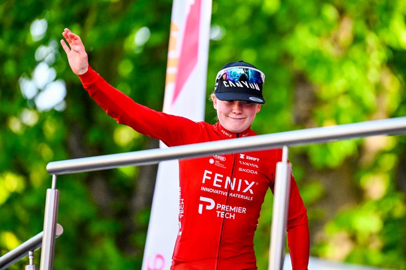 Dutch Puck Pieterse of Fenix-Premier Tech pictured on the podium after the women elite race of the Liege-Bastogne-Liege UCI World Tour one day cycling race, 156km from Bastogne to Liege, Sunday 26 April 2026. BELGA PHOTO ERIC LALMAND
