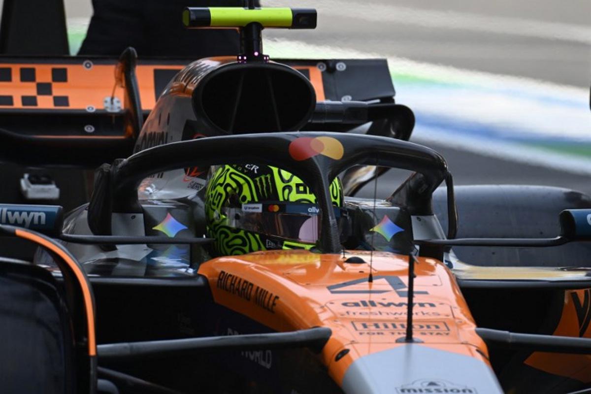 McLaren's British driver Lando Norris drives into the pit lane during the third practice session of the Mexico City Formula One Grand Prix at the Hermanos Rodriguez racetrack in Mexico City on October 25, 2025.  Alfredo ESTRELLA / AFP