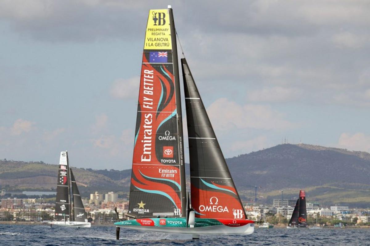 Emirates Team New Zealand's team members sail their AC40 during a practice regatta on the eve of the 37th America's Cup first preliminary regatta, off the coast of Vilanova i la Geltru on September 14, 2023. After this first preliminary regatta the teams will head to Jeddah, Saudi Arabia, for a second regatta between November 29 to December 2, 2023. The third and last preliminary regatta will be held in August 2024 in Barcelona where all the America's Cup teams will race in their new AC75s for the very first time. LLUIS GENE / AFP