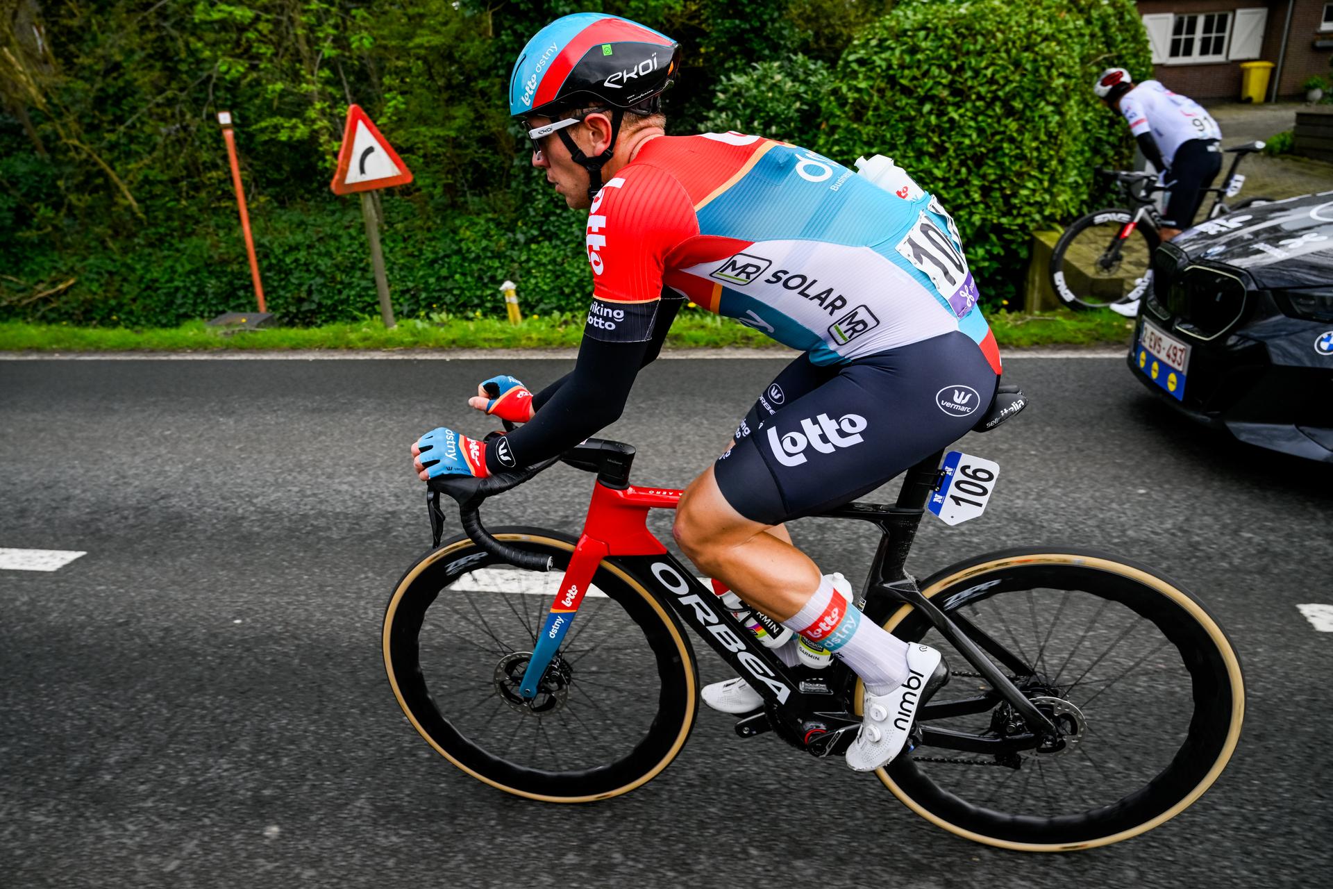 Belgian Lionel Taminiaux of Lotto Dstny pictured in action during the men's race of the 112th edition of the 'Scheldeprijs' one day cycling event, 205,3 km from Terneuzen, the Netherlands to Schoten, Belgium on Wednesday 03 April 2024. BELGA PHOTO TOM GOYVAERTS
