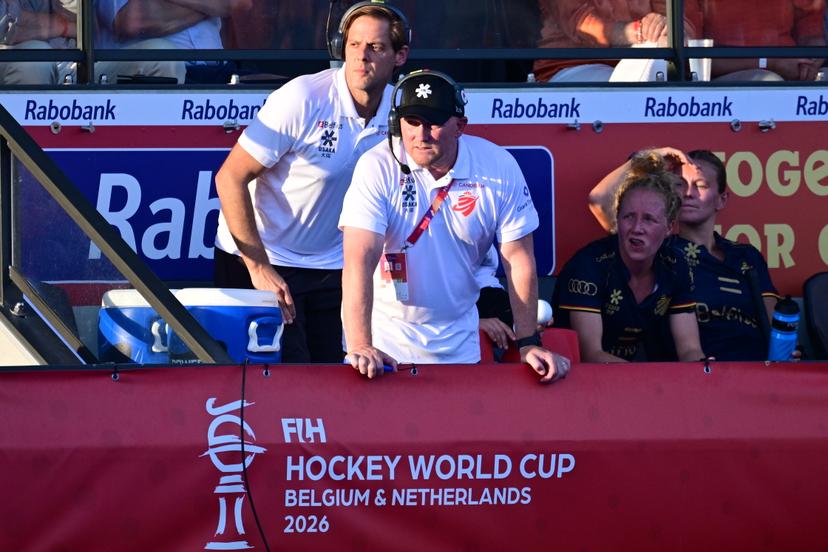 Belgium's coach Adam Commens pictured during a field hockey game between Belgian national team Red Panthers and Netherlands, at the women's 2026 Hockey World Cup, on Thursday 27 August 2026 in Amsterdam. The 2026 edition of the Hockey World Cup takes place in Belgium and The Netherlands from August 15 to August 30. BELGA PHOTO DIRK WAEM