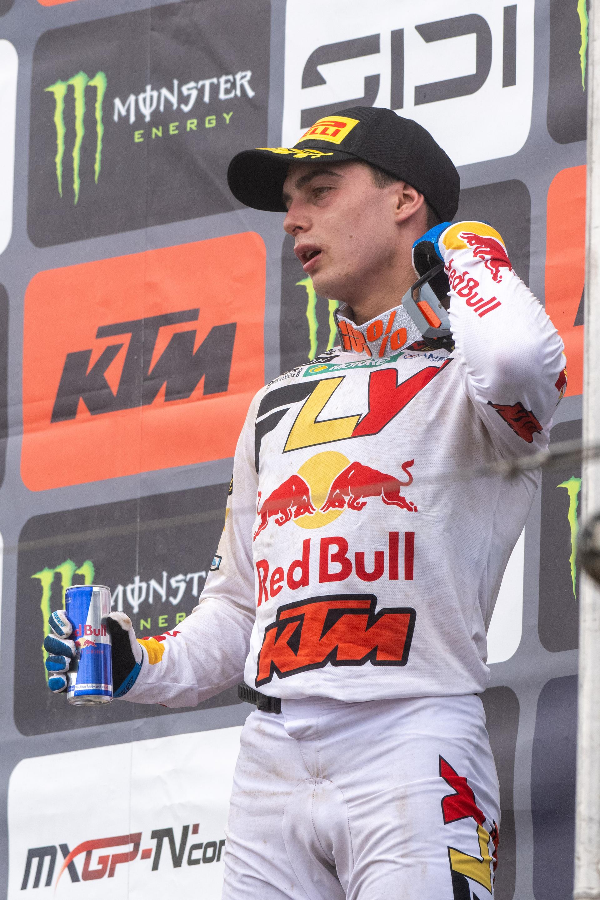 Belgium's Sacha Coenen pictured on the podium after the motocross MX2 Grand Prix Flanders, race 15/20 of the FIM Motocross World Championship, Sunday 03 August 2025 in Lommel. BELGA PHOTO JONAS ROOSENS