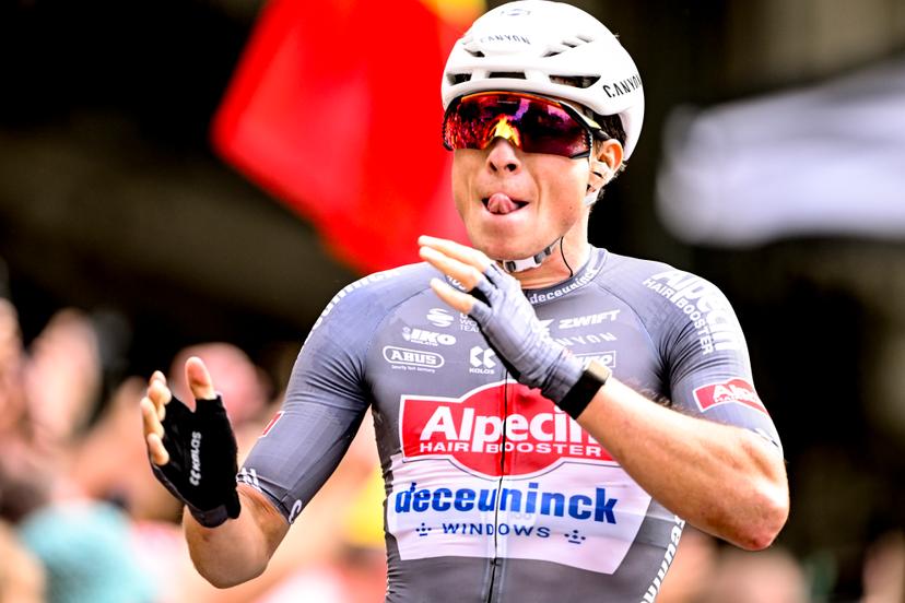 Belgian Jasper Philipsen of Alpecin-Deceuninck celebrates after winning the first stage, Lille Metropole to Lille Metropole (185 km), of the 2025 Tour de France cycling race, in Lille, France, on Saturday 05 July 2025. The 112th edition of the Tour de France starts on Saturday 5 July in Lille, France, and will finish in Paris, France on the 27th of July. BELGA PHOTO JASPER JACOBS