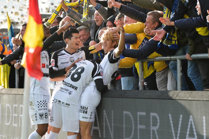 STVV's Keisuke Goto celebrates after scoring during a soccer match between KV Mechelen and STVV, Saturday 04 October 2025 in Mechelen, on day 10 of the 2025-2026 'Jupiler Pro League' first division of the Belgian championship. BELGA PHOTO JILL DELSAUX