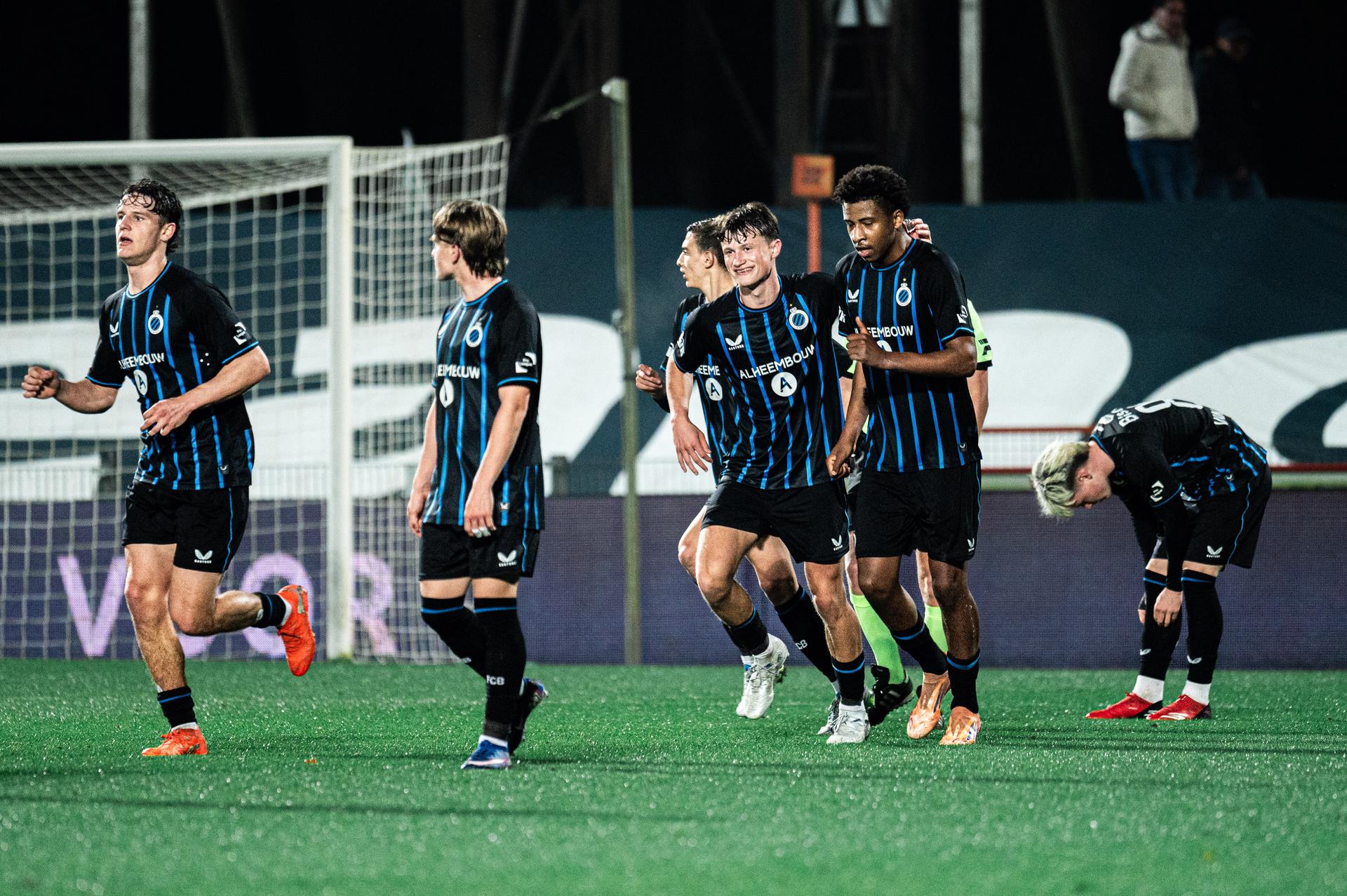Club's players celebrate after scoring during a soccer game between Lommel SK and Club NXT, Saturday 11 April 2026 in Lommel, on day 33 (out of 34) of the 2025-2026 'Challenger Pro League' 1B second division of the Belgian championship. BELGA PHOTO EMILE WINDAL