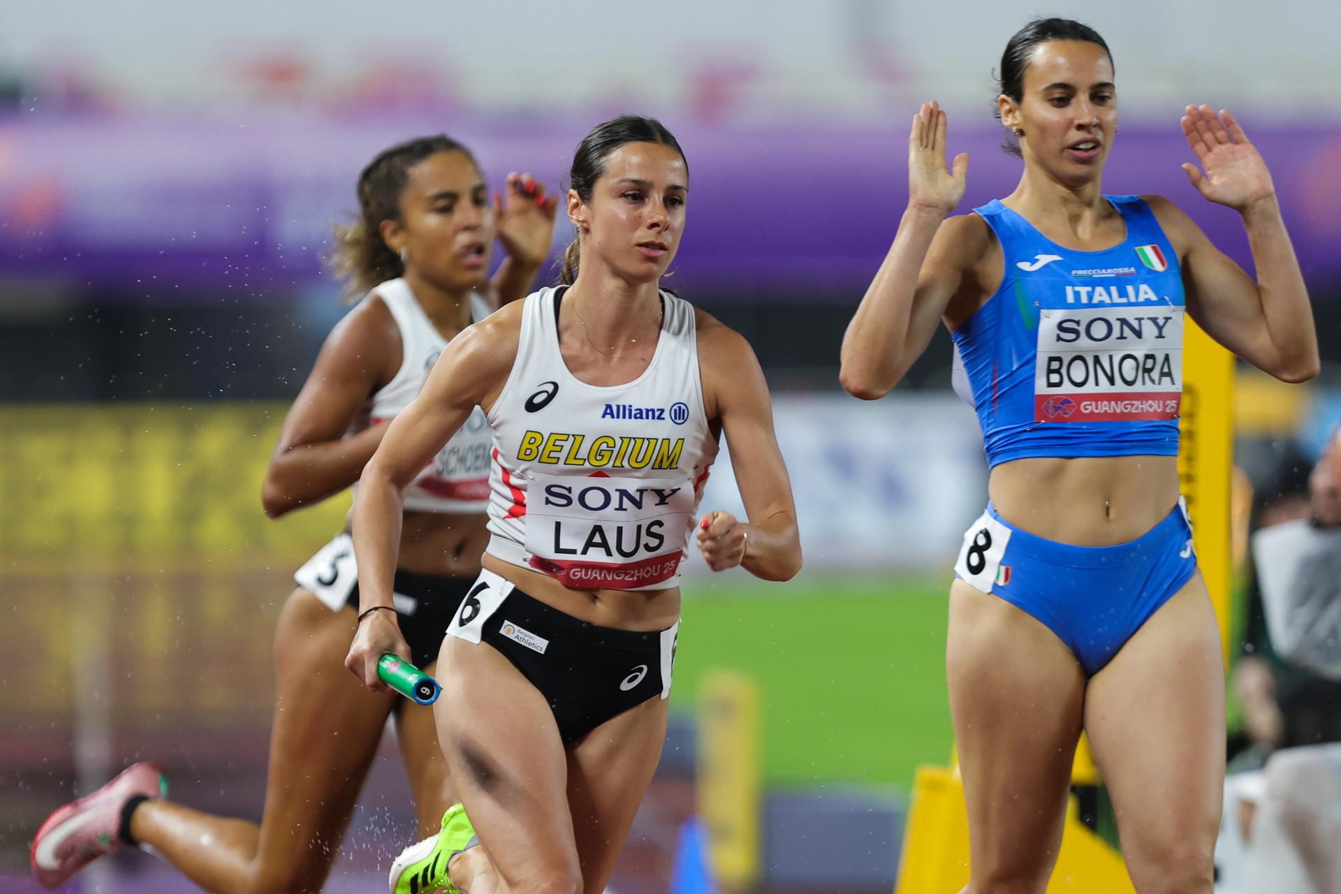 Belgian Camille Laus pictured in action during the women's 4x400m relay heats, at the world relay championships, on Saturday 10 May 2025 in Guangzhou, China. The world relay championships in Guangzhou take place from 10 to 11 May. BELGA PHOTO NIKOLA KRSTIC