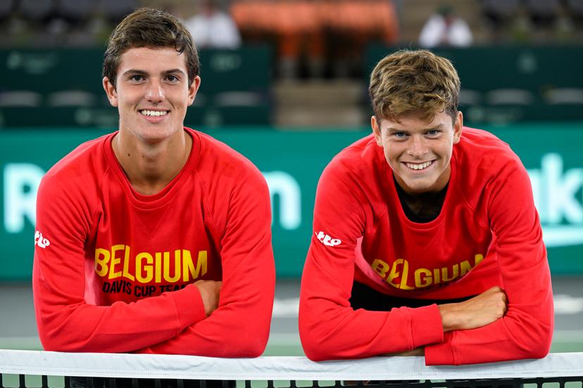 Belgian junior Gilles-Arnaud Bailly and Belgian junior Alexander Blockx pose for the photographer before a match between the Belgian team and Australia, in Group C of the group stage of the 2022 Davis Cup finals, Tuesday 13 September 2022, in Hamburg, Germany. Belgium will compete from 13 to 18 September against Australia, Germany and France in Group C. BELGA PHOTO LAURIE DIEFFEMBACQ