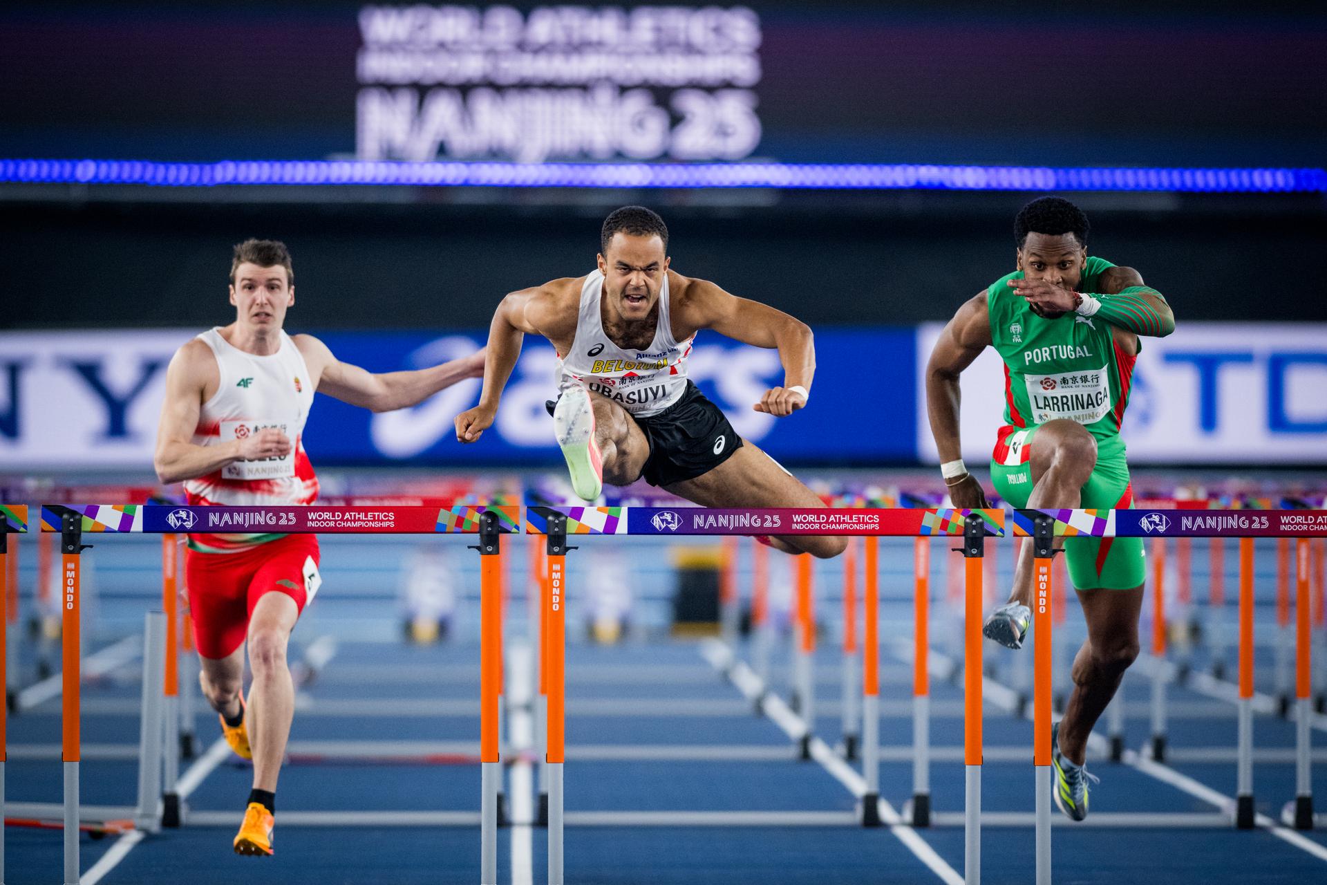 Belgian Michael Obasuyi pictured in action during the men's 60m hurdles, at the World Athletics Indoor Championships, in Nanjing, China, Saturday 22 March 2025. The championships take place from 21 to 23 March. BELGA PHOTO JASPER JACOBS