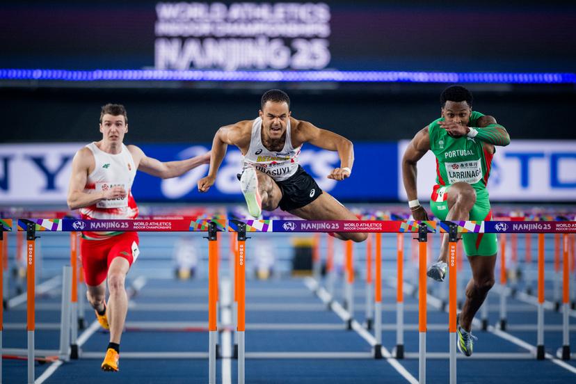 Belgian Michael Obasuyi pictured in action during the men's 60m hurdles, at the World Athletics Indoor Championships, in Nanjing, China, Saturday 22 March 2025. The championships take place from 21 to 23 March. BELGA PHOTO JASPER JACOBS