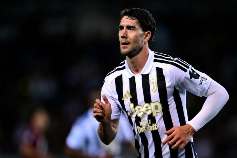 Juventus Serbian forward #09 Dusan Vlahovic celebrates after scoring a goal during the Italian Serie A football match between Torino and Juventus at the Olympic Grande Torino stadium in Turin on May 24, 2026.  MARCO BERTORELLO / AFP