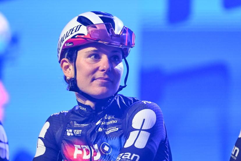 Swiss Elise Chabbey of FDJ United-SUEZ pictured during the team presentation before the women's one-day cycling race Omloop Het Nieuwsblad (UCI World Tour), the opening race of the Flemish one-day classics season, 137,6 km from Gent to Ninove, Saturday 28 February 2026. BELGA PHOTO MAARTEN STRAETEMANS
