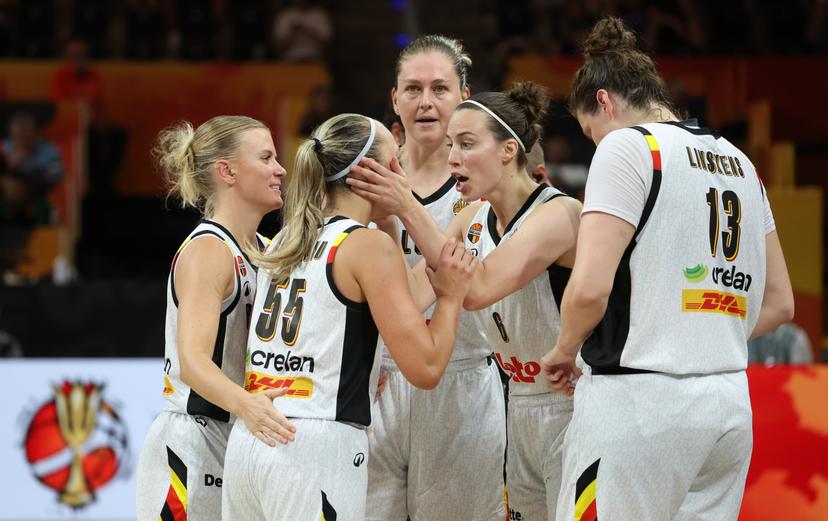 Belgium's Emma Meesseman; Belgium's Kyara Linskens; Belgium's Julie Allemand; Belgium's Antonia Delaere and Belgium's Julie Vanloo pictured during a game between Belgian national basketball team Belgian Cats and Turkey,  game 1 of the group phase at the FIBA Women's Basketball World Cup, on Friday 4 September 2026, in Berlin, Germany. The FIBA Women's Basketball World Cup takes place in Berlin from 4 to 23 September 2026. BELGA PHOTO VIRGINIE LEFOUR
