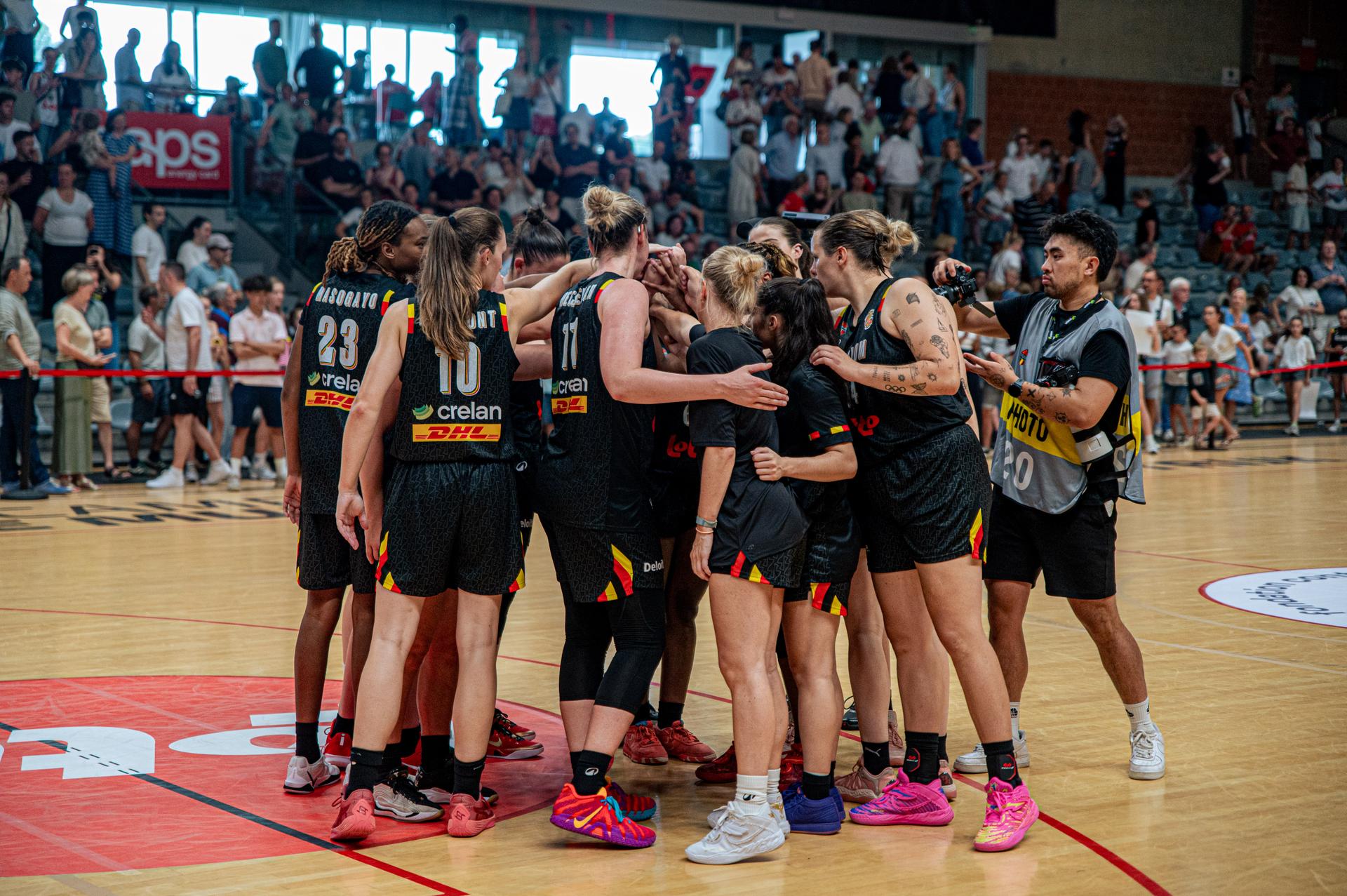Belgian Cats' players pictured after a friendly basketball match between Belgian national women's team the Belgian Cats and Italy, in Kortrijk on Saturday 15 August 2026. The Cats are preparing the world cup in Germany in September. BELGA PHOTO EMILE WINDAL