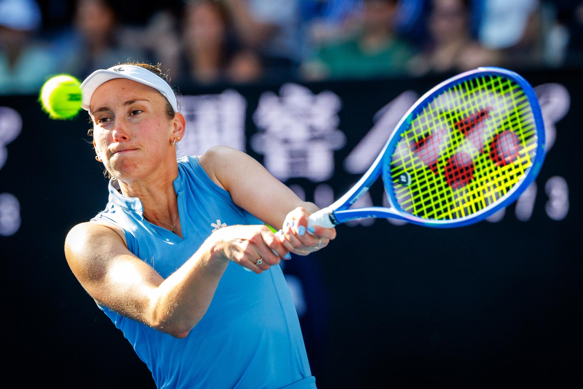Belgian Elise Mertens pictured in action during during a second round match of Belgium-China's Mertens-Zhang pair against American-Canadian's pair Jovic-Mboko in the women doubles at the Australian Open, Melbourne Park, Melbourne on Sunday 25 January 2026. Mertens - Zhang won the game. BELGA PHOTO PATRICK HAMILTON  --- BENELUX ONLY   ---
