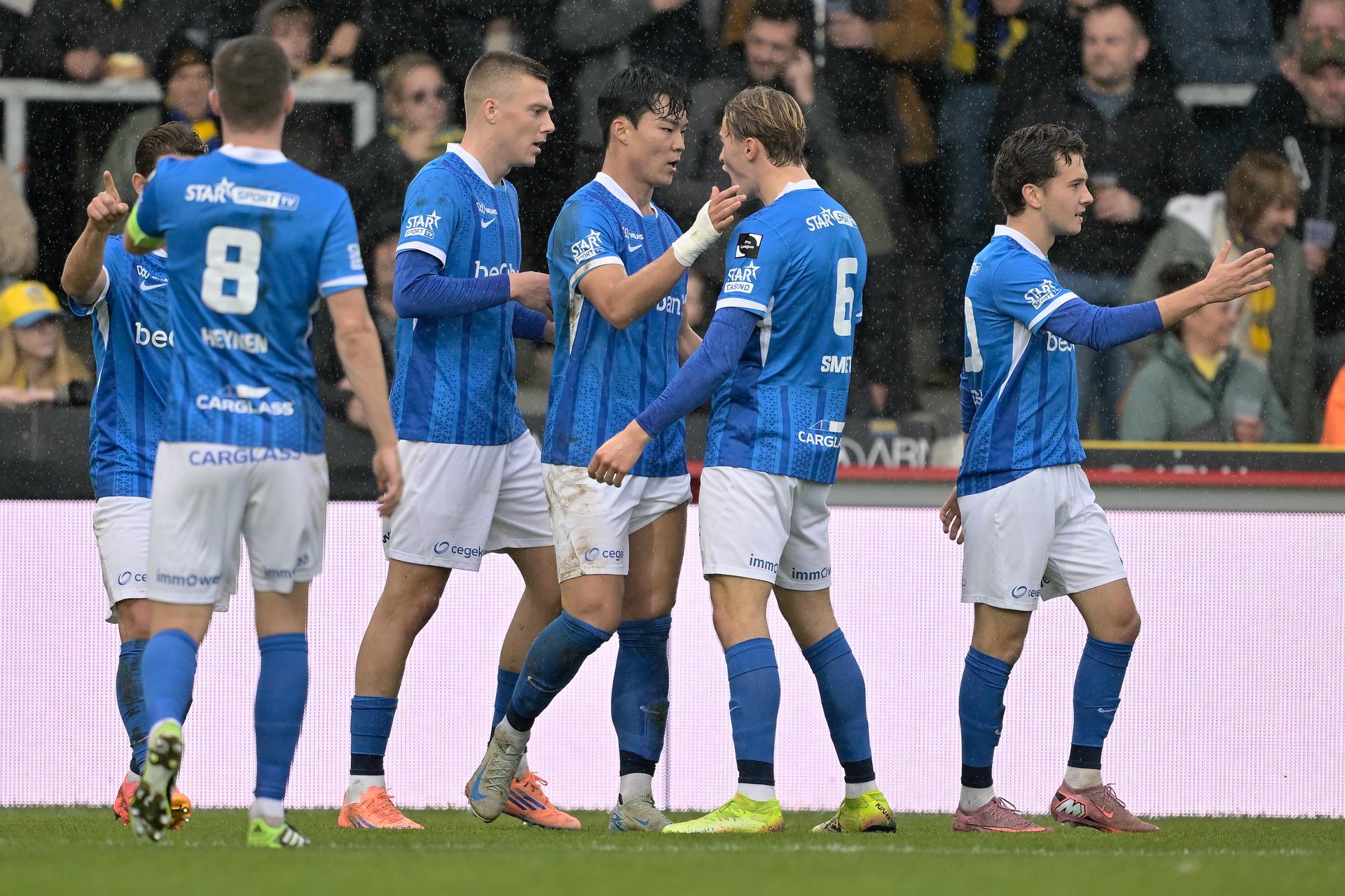 Genk's Hyeon-Gyu Oh celebrates after scoring during a soccer match between KVC Westerlo and KRC Genk, Sunday 02 November 2025 in Westerlo, on day 13 of the 2025-2026 'Jupiler Pro League' first division of the Belgian championship. BELGA PHOTO JOHAN EYCKENS