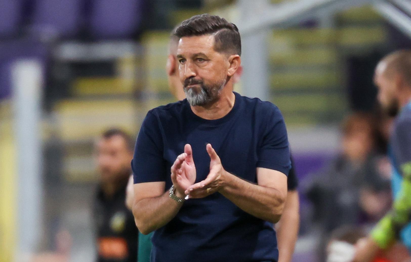 Anderlecht's head coach Besnik Hasi celebrates after winning a soccer game between Belgian soccer team RSC Anderlecht and the swedisch soccer team BK Hacken, in Anderlecht, Thursday 24 July 2025, in the second qualifying round (1st leg) of the 2025-2026 UEFA Europa League. BELGA PHOTO VIRGINIE LEFOUR