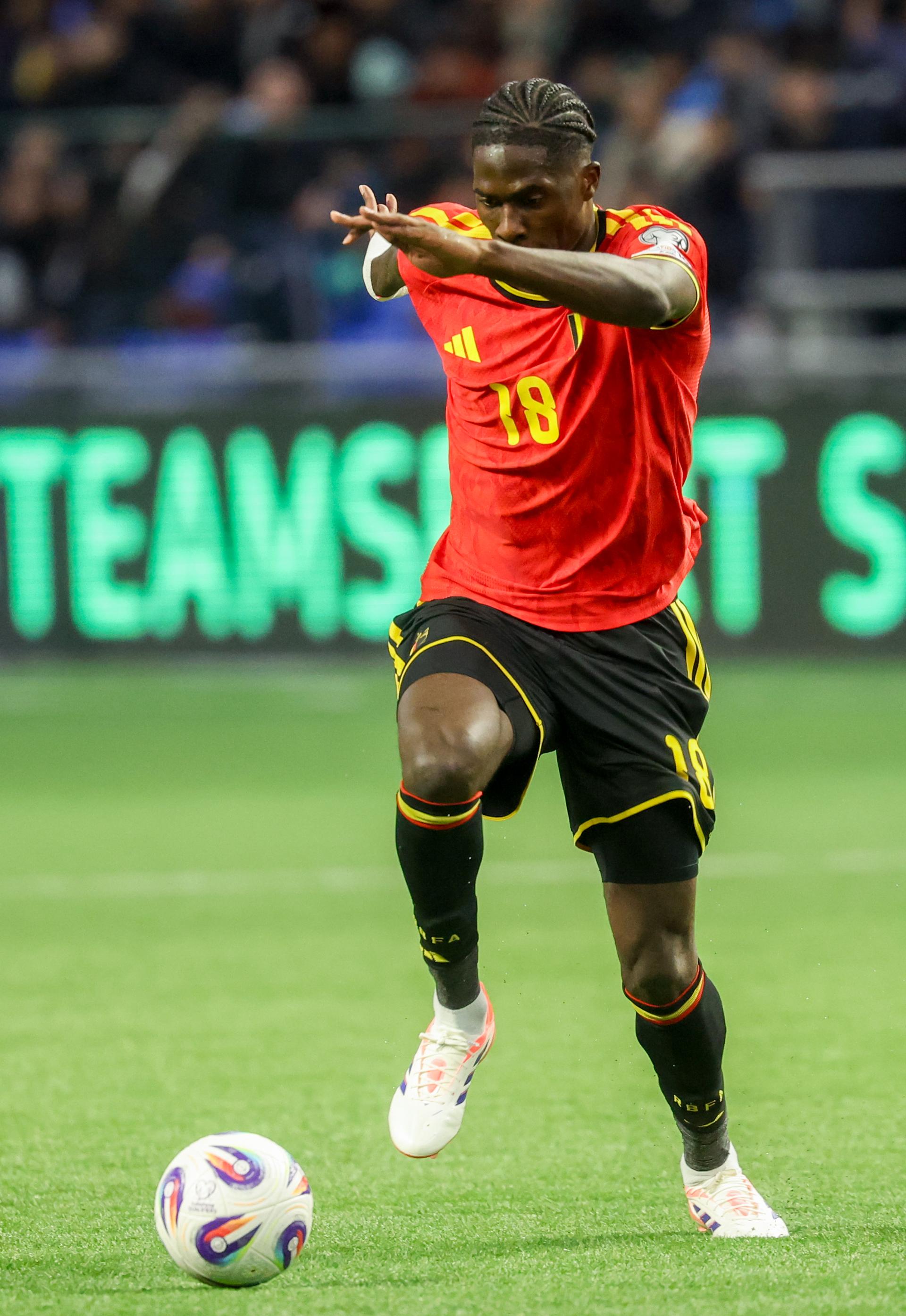 Belgium's Amadou Onana pictured in action during a soccer game between Kazakhstan and Belgium's Red Devils, Saturday 15 November 2025 in Astana, Kazakhstan, qualification game 7/8 for the 2026 FIFA World Cup. BELGA PHOTO VIRGINIE LEFOUR