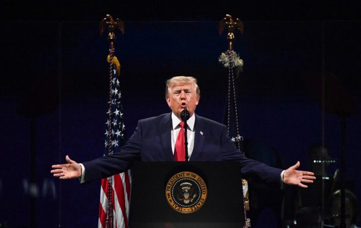 US President Donald Trump speaks during the "Salute to America" Independence Day celebration on the National Mall in Washington, DC, on July 4, 2026.  The nation is marking the 250th anniversary of the United States Declaration of Indpendence. Alex WROBLEWSKI / AFP