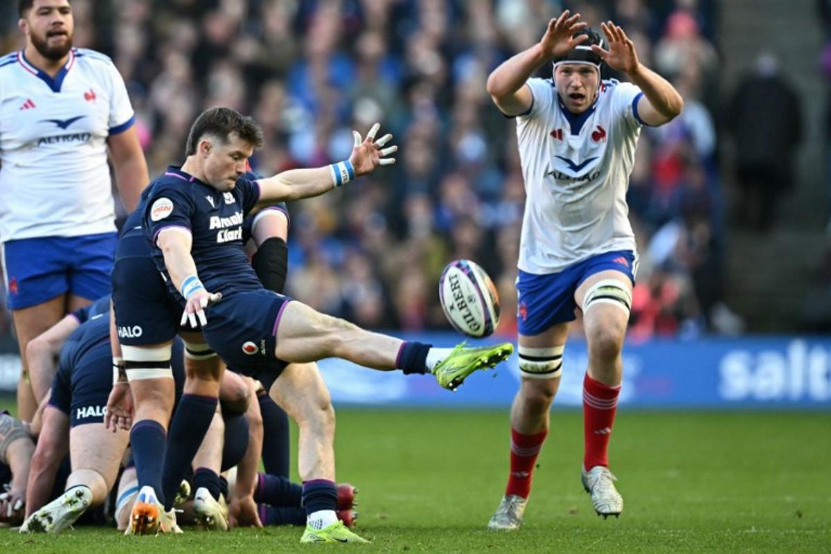 Scotland's George Horne kicks up-field during the Six Nations international rugby union match between Scotland and France at Murrayfield Stadium in Edinburgh, Scotland on March 7, 2026.  Paul ELLIS / AFP