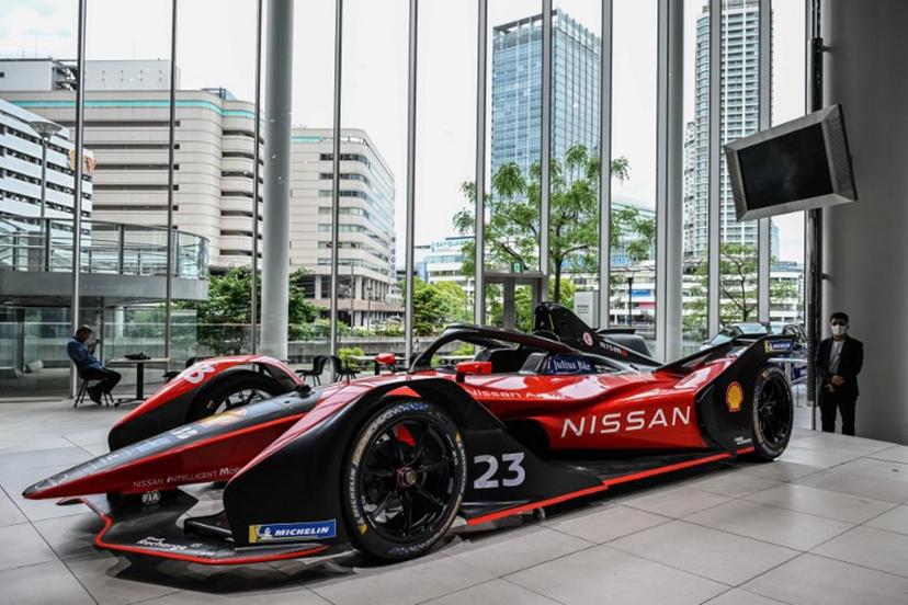 A Nissan Formula E car is displayed at a showroom of Japanese automaker Nissan Motor in Yokohama on May 9, 2024.  Yuichi YAMAZAKI / AFP
