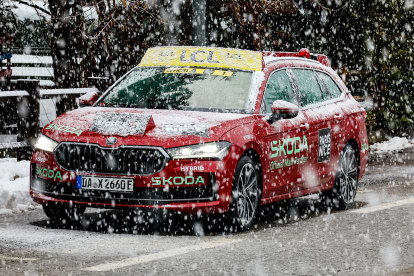 A picture showing a car covered in snow at the end of stage seven of the 83th edition of the Paris-Nice cycling race, 147,8 km from Nice to Auron, France, Saturday 15 March 2025. BELGA PHOTO DAVID PINTENS