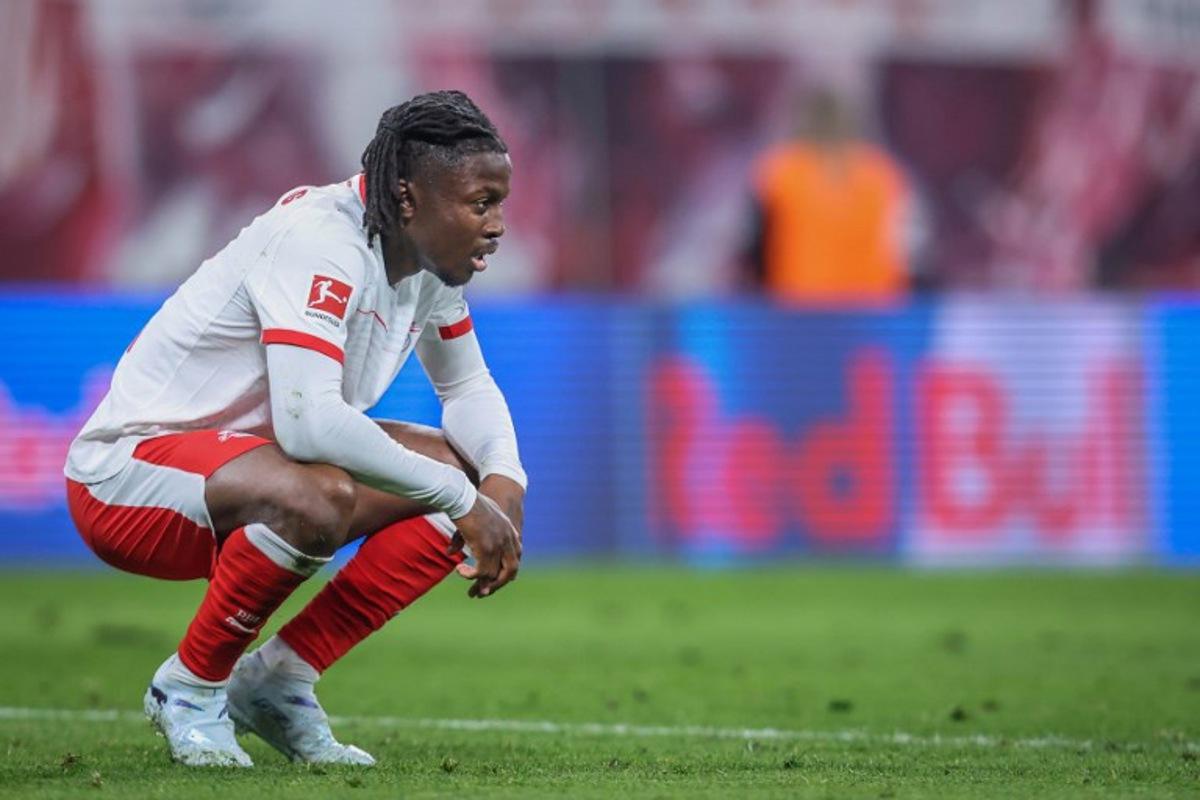 Leipzig's Belgian forward #09 Johan Bakayoko reacts during the German first division Bundesliga football match between RB Leipzig and Union Berlin in Leipzig, eastern Germany, on April 24, 2026.  Ronny HARTMANN / AFP