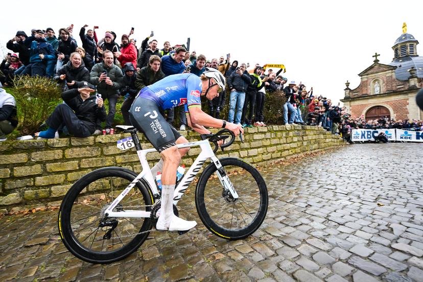Netherlands' Mathieu van der Poel of Alpecin-Premier Tech pictured on the Kapelmuur in Geraardsbergen, during the 81st edition of the men's one-day cycling race Omloop Het Nieuwsblad (UCI World Tour), the opening race of the Flemish one-day classics season, 207,6 km from Gent to Ninove, Saturday 28 February 2026. BELGA PHOTO DAVID PINTENS