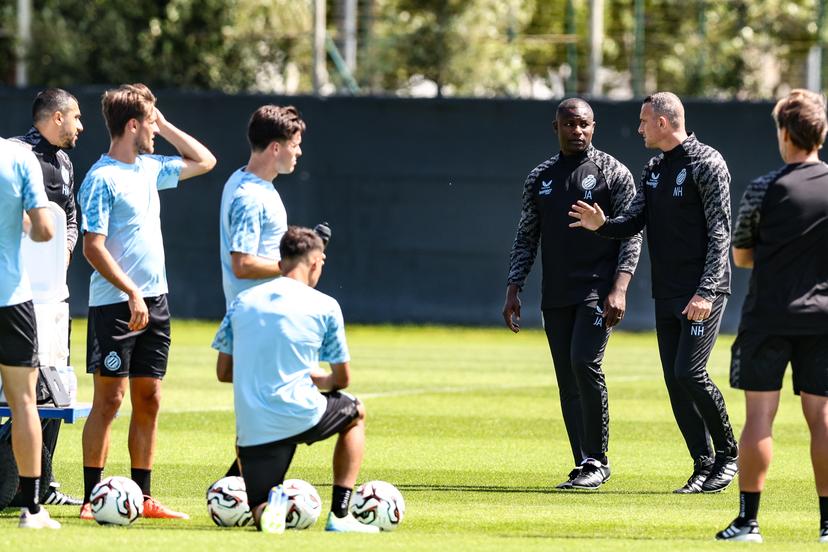 Club's assistant coach Joseph Akpala and Club's head coach Nicky Hayen pictured during a training session of Belgian soccer team Club Brugge KV, Monday 23 June 2025 in Knokke-Heist, in preparation of the upcoming 2025-2026 Belgian first division soccer season. BELGA PHOTO BRUNO FAHY