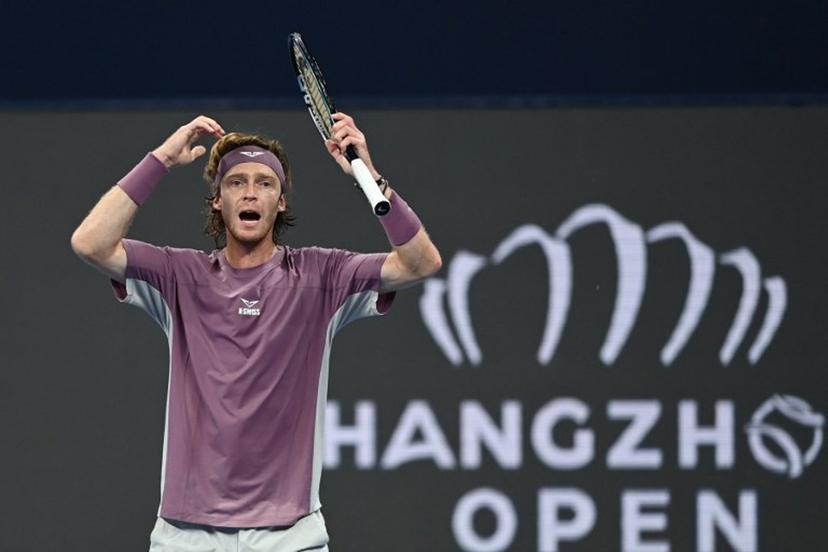 Russia's Andrey Rublev reacts during his men's singles semi-final match against France's Kyrian Jacquet at the Hangzhou Open tennis tournament in Hangzhou, in China's eastern Zhejiang province on September 28, 2026.  AFP