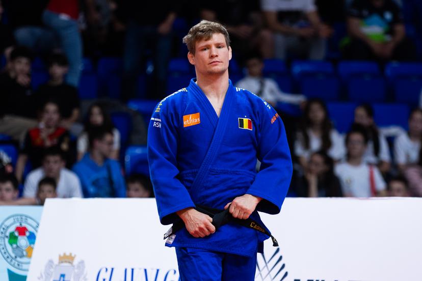 Belgian Matthias Casse (blue gi) takes on Italian Esposito (not pictured) during a judo bout in the Men -81kg category, at the European Judo Championships in Podgorica, Montenegro, on Friday 25 April 2025. The tournament is taking place from 23 tot 27 April 2025. BELGA PHOTO NIKOLA KRISTC