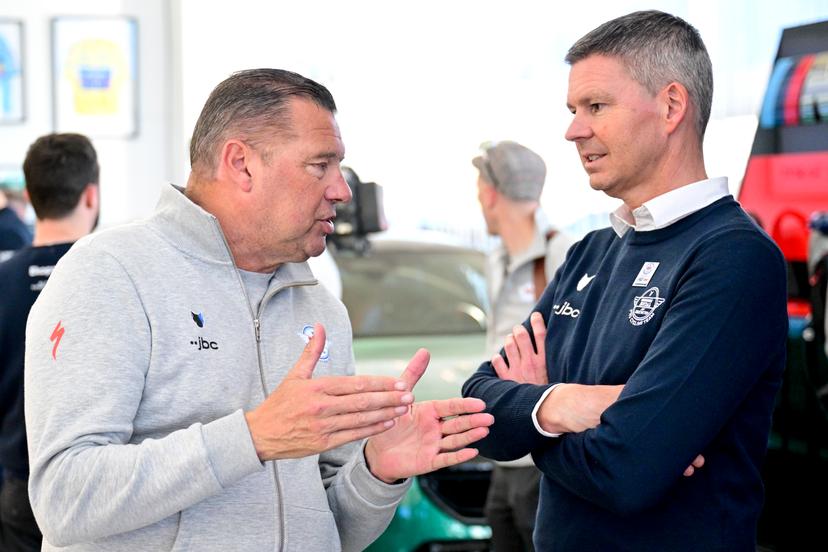 Soudal Quick-Step sports director Wilfried Peeters and Soudal Quick-Step CEO Jurgen Fore pictured during a press conference of the Soudal Quick-Step cycling team, to discuss this weekend's one-day cycling race Omloop Het Nieuwsblad, the opening race of the Flemish classic one day races season, Thursday 26 February 2026 in Deerlijk. BELGA PHOTO DIRK WAEM