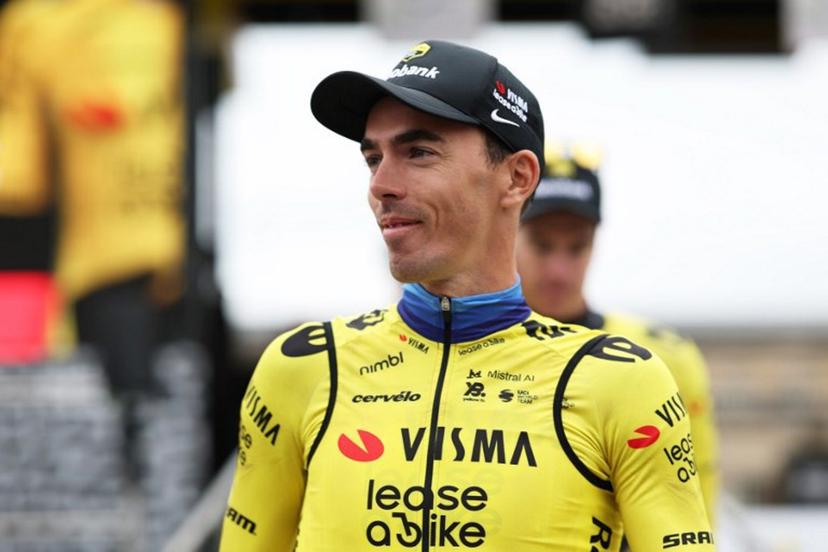 Team Visma - Lease a Bike's French rider Christophe Laporte attends the teams' presentations event on the eve of the 123rd edition of the Paris-Roubaix one-day classic cycling race, 258.3 km between Compiegne and Roubaix, in Compiegne, northern France, on April 11, 2026.  Anne-Christine POUJOULAT / AFP