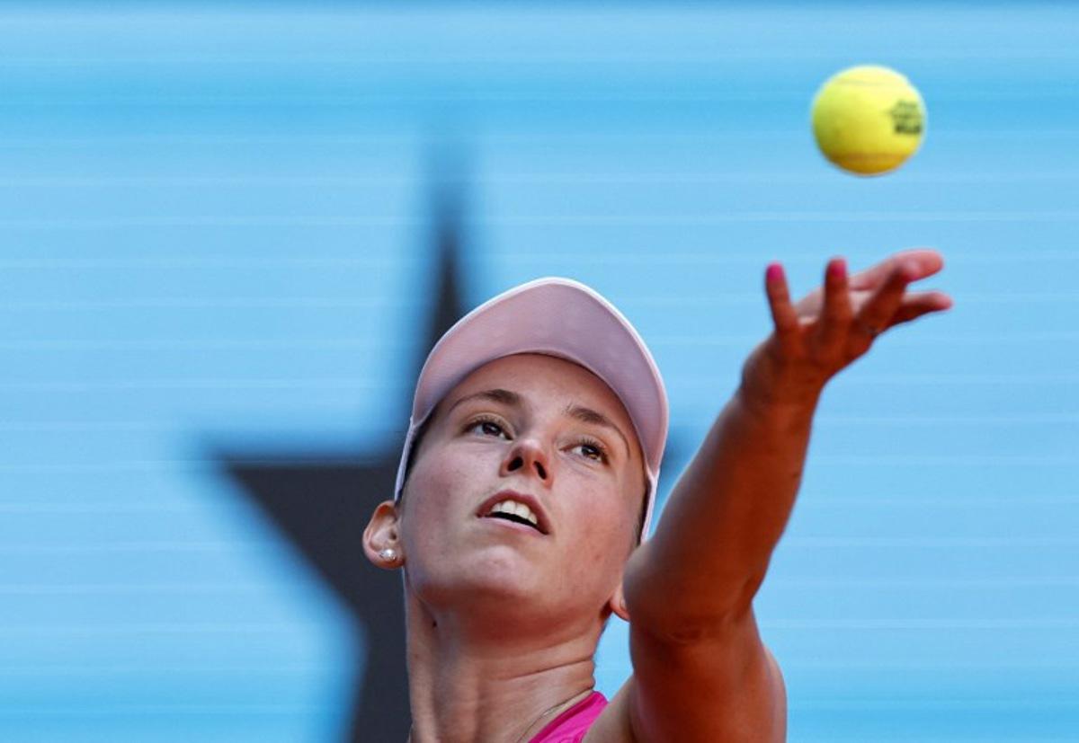 Belgium's Elise Mertens serves to Czech Republic's Karolina Pliskova during their 2026 WTA Tour Madrid Open tennis tournament singles match at the Caja Magica in Madrid, on April 26, 2026.   OSCAR DEL POZO / AFP