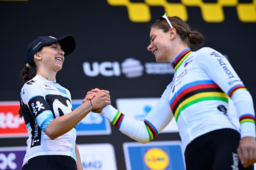 German Liane Lippert of Movistar Team and Belgian Lotte Kopecky of SD Worx-Protime celebrate on the podium of the women's race of the 'Ronde van Vlaanderen/ Tour des Flandres/ Tour of Flanders' one day cycling race, 168,8k with start and finish in Oudenaarde, Sunday 06 April 2025. BELGA PHOTO JASPER JACOBS
