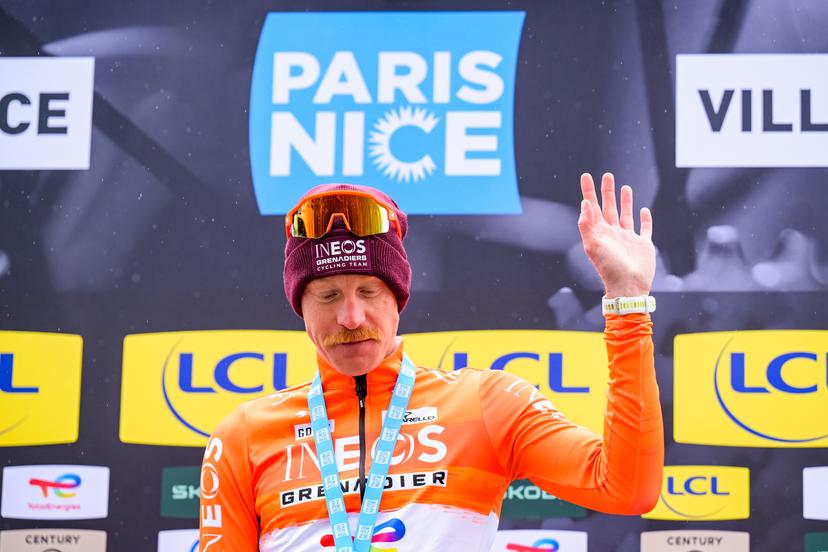 French Dorian Godon of INEOS Grenadiers celebrates on the podium after winning the seventh stage of 84th edition of the Paris-Nice cycling race, from Nice to Isola (120,4 km), on Saturday 14 March 2026. BELGA PHOTO DAVID PINTENS