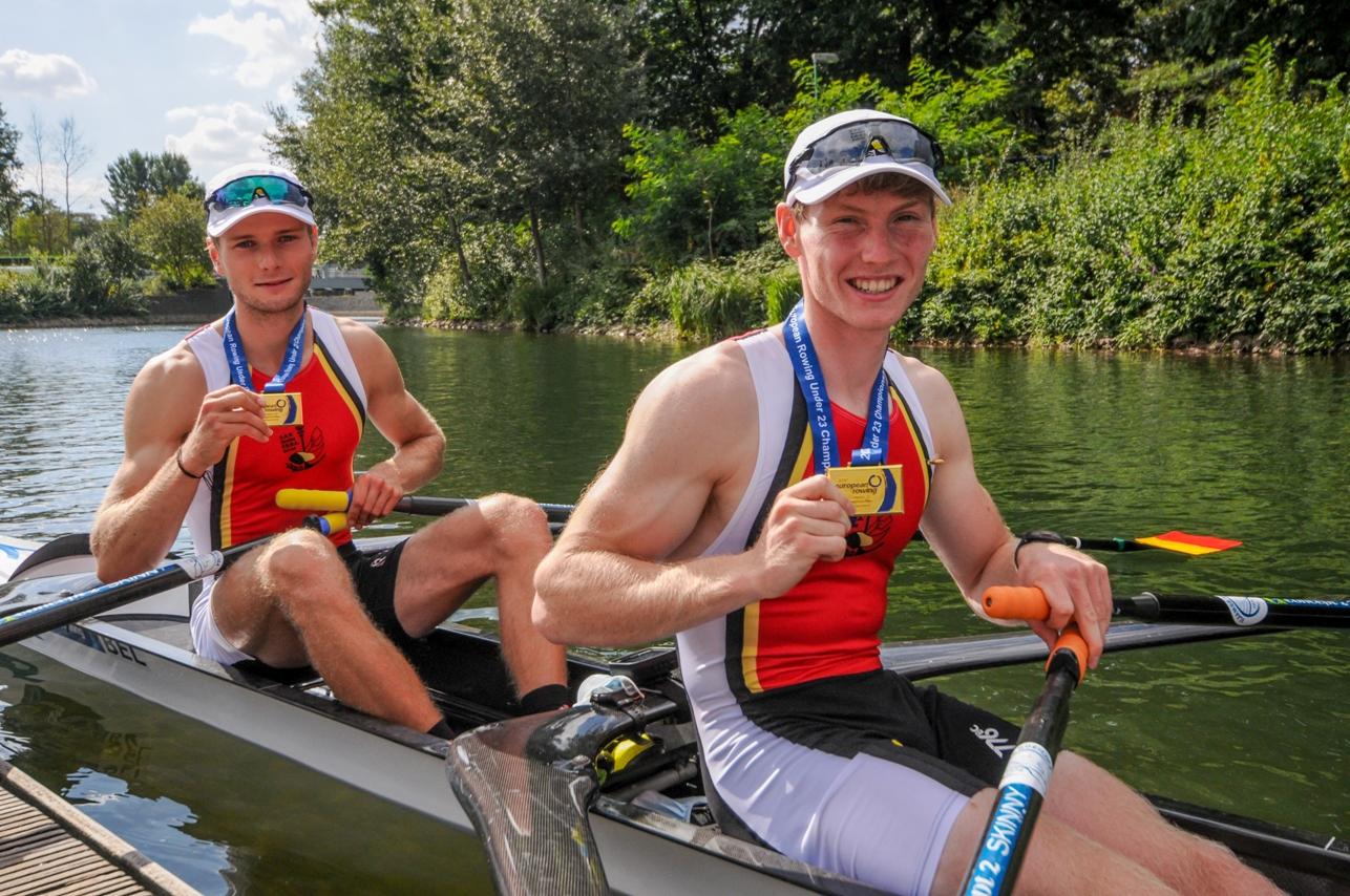 ATTENTION EDITORS - HAND OUT PICTURES - EDITORIAL USE ONLY - MANDATORY CREDIT - VLAAMSE ROEILIGA  Hand out pictures released on Sunday 06 September 2020, by Vlaamse Roeilliga shows Marlon Colpaert (KRNS Oostende) and Tibo Vyvey (KR Brugge) who won the gold medal at the European Under 23 Rowing championships in Duisberg, Germany.  HAND OUT - VLAAMSE ROEILIGA