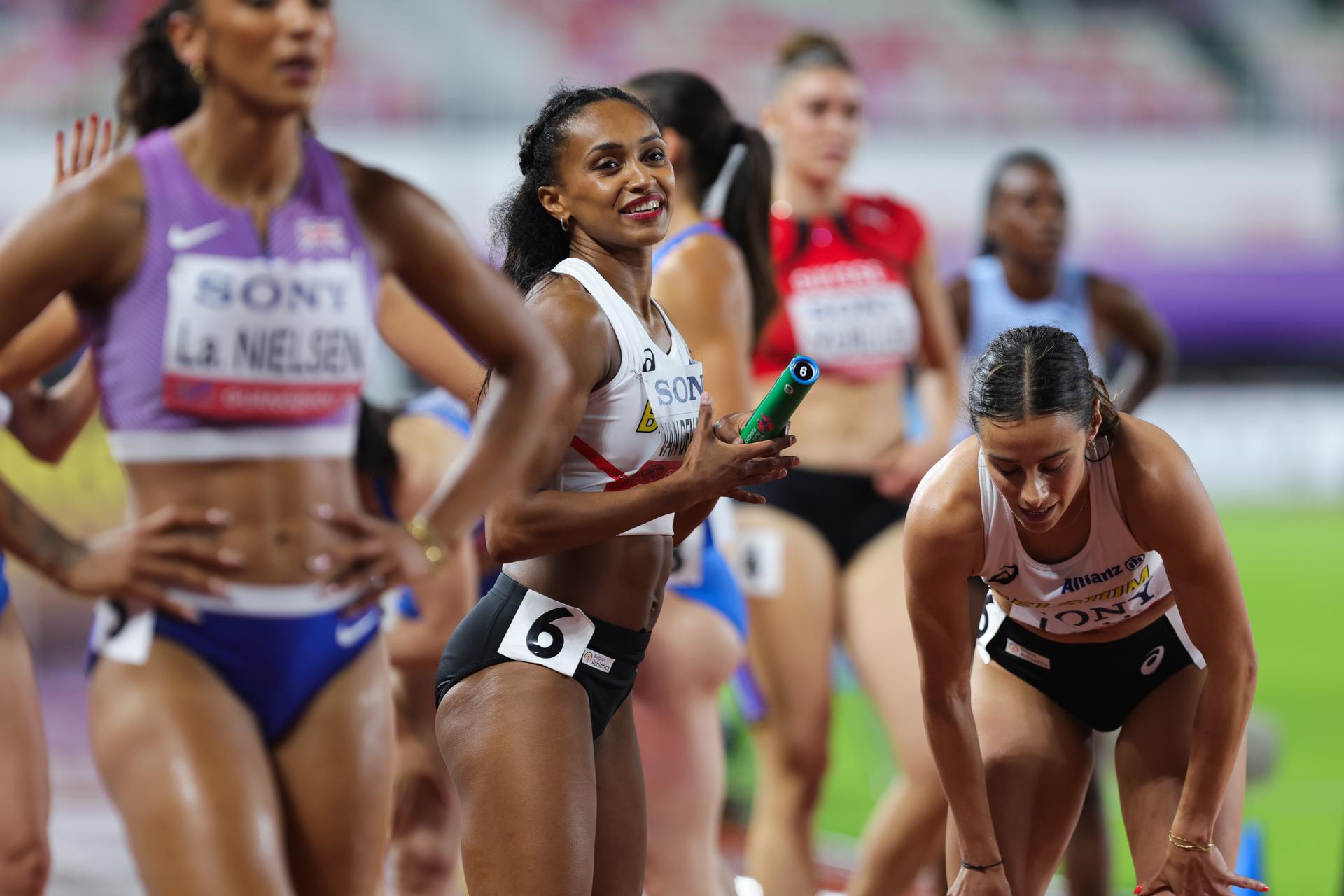 Belgian athlete Naomi Van den Broeck pictured in action during the women's 4x400m relay heats, at the world relay championships, on Saturday 10 May 2025 in Guangzhou, China. The world relay championships in Guangzhou take place from 10 to 11 May. BELGA PHOTO NIKOLA KRSTIC