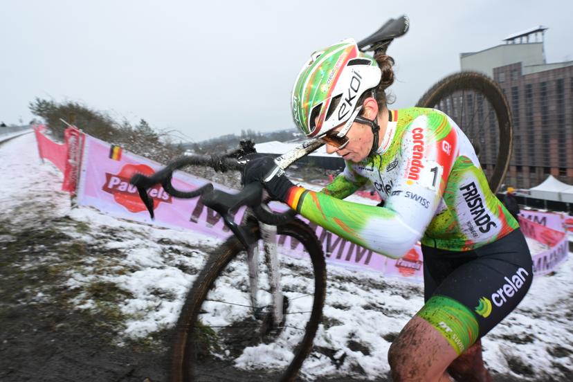 Belgian Marion Norbert Riberolle pictured in action during the Women elite race at the Belgian Cyclocross Championships in Beringen on Saturday 10 January 2026. BELGA PHOTO DAVID PINTENS