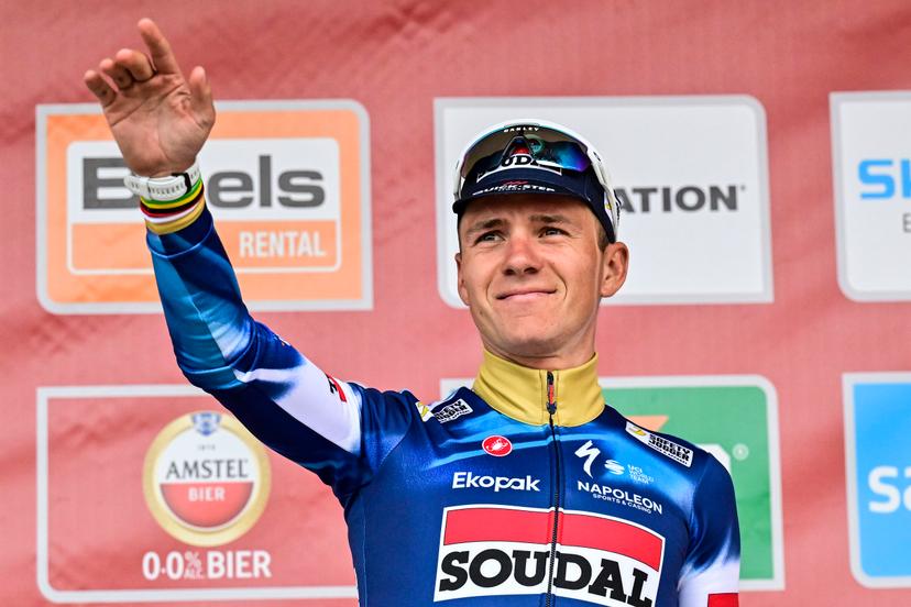 Belgian Remco Evenepoel of Soudal Quick-Step pictured on the podium after the men elite 'Amstel Gold Race' one day cycling race, 255,9 km from Maastricht to Valkenburg, The Netherlands, Sunday 20 April 2025. BELGA PHOTO DIRK WAEM
