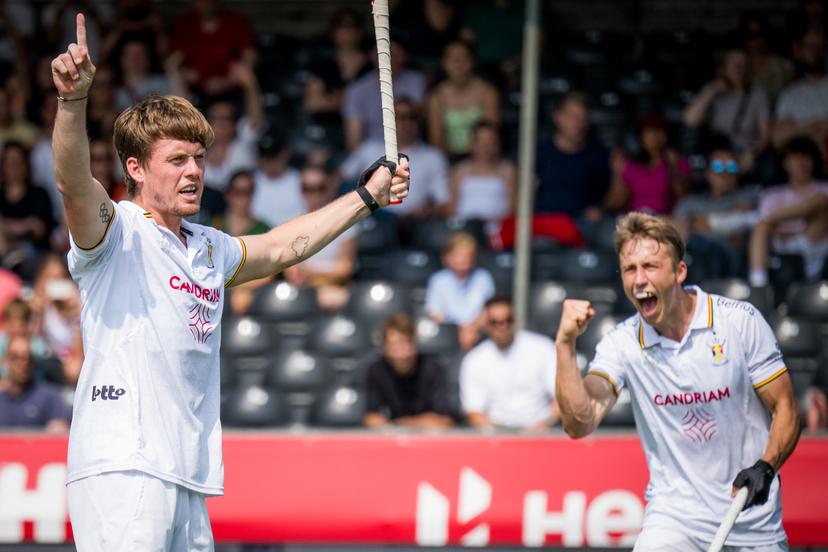 Belgium's Tom Boon and Belgium's Thomas Crols celebrate after scoring during a hockey game between Belgian national team Red Lions and Ireland, match 9/16 in the group stage of the 2025 Men's FIH Pro League, Saturday 14 June 2025, in Antwerp. BELGA PHOTO JASPER JACOBS