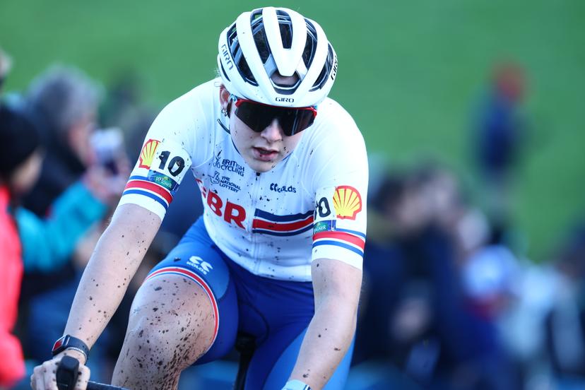 British Zoe Backstedt pictured in action during the U23 women race at the European Championships cyclocross cycling, Sunday 05 November 2023, in Pontchateau, France. BELGA PHOTO DAVID PINTENS