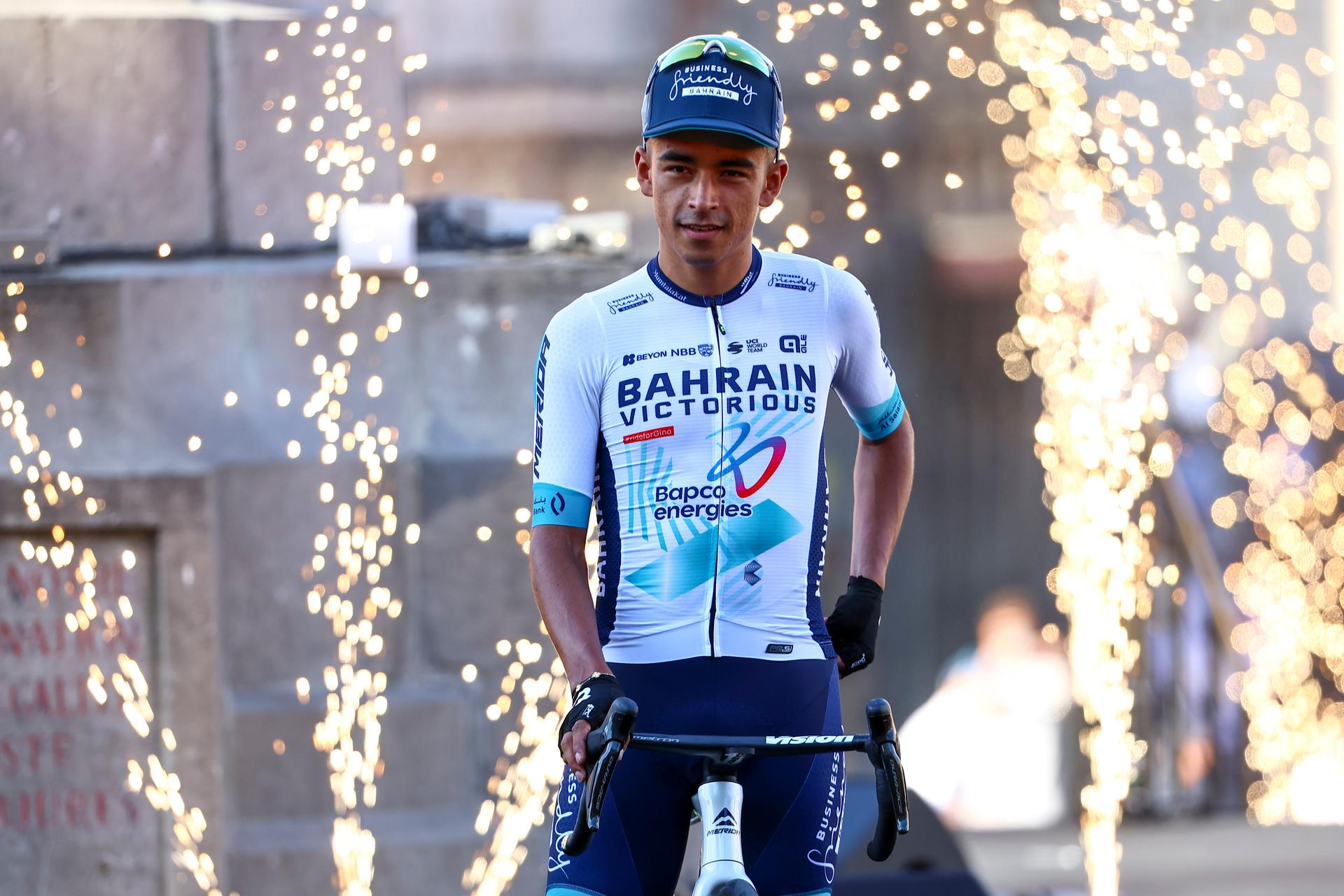 Colombian Santiago Buitrago Sanchez of Bahrain Victorious pictured during the team presentation ahead of the 2025 Tour de France cycling race, in Lille, France, on Thursday 03 July 2025. The 112th edition of the Tour de France starts on Saturday 5 July in Lille, France, and will finish in Paris, France on the 27th of July. BELGA PHOTO DAVID PINTENS
