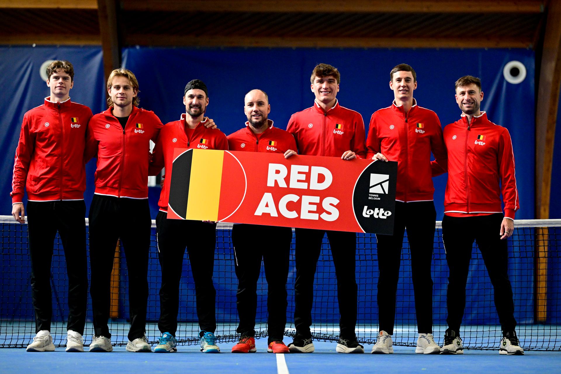 Belgian Alexander Blockx, Belgian Zizou Bergs, Belgian assistant coach Ruben Bemelmans, Belgian captain Steve Darcis, Belgian Raphael Collignon, Belgian Joran Vliegen and Belgian Sander Gille pictured after an open training session of the Belgian Davis Cup team ahead of the Davis Cup Finals (November 18-23), in Wilrijk, on Wednesday 12 November 2025. BELGA PHOTO DIRK WAEM