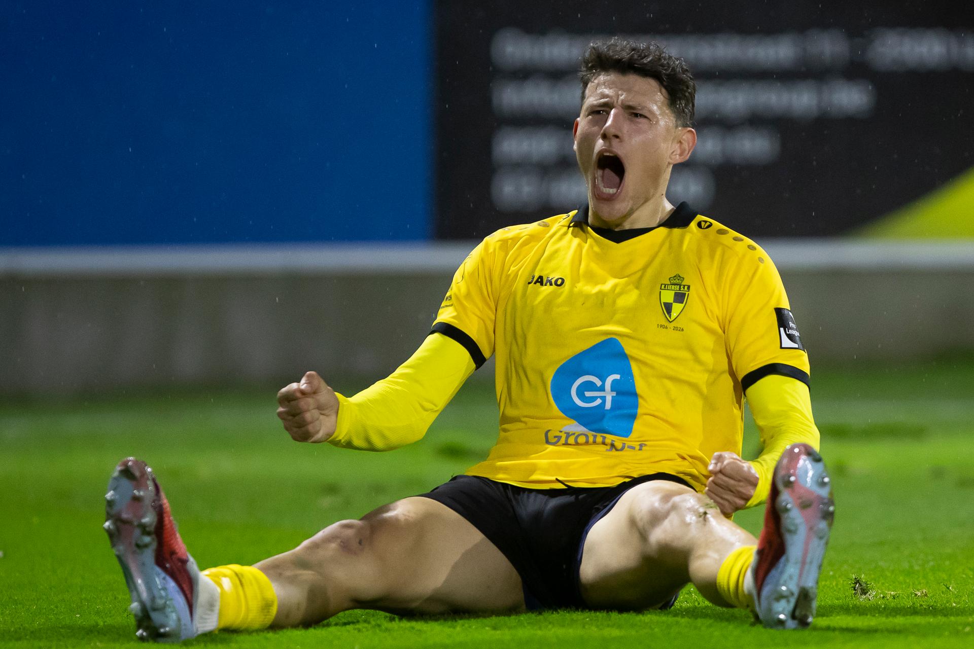 Lierse's Jenthe Mertens celebrates after scoring during a soccer game between Lierse SK and Jong Genk, Saturday 06 December 2025 in Lier, on day 16 of the 2025-2026 'Challenger Pro League' 1B second division of the Belgian championship. BELGA PHOTO KRISTOF VAN ACCOM