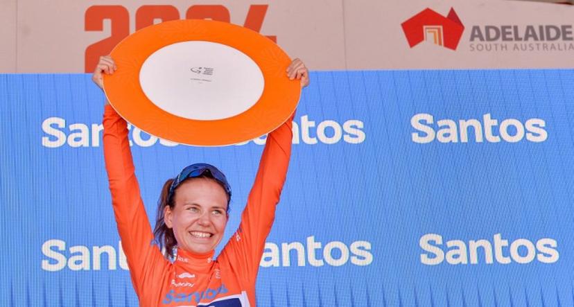 AG Insurance - Soudal rider Sarah Gigante from Australia celebrates being the overall winner of the Tour Down Under cycling race in Adelaide on January 14, 2024.  Brenton EDWARDS / AFP