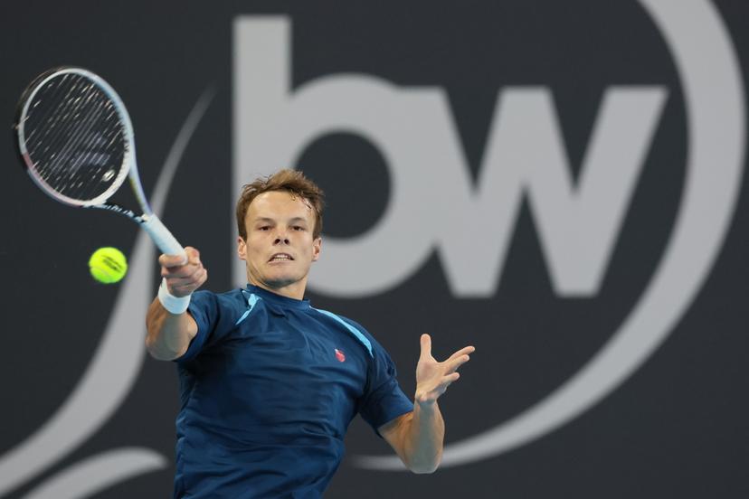 Belgian Michael Geerts pictured in action during a tennis match against Canadian Diez, a qualification for the men's singles at the BW Open ATP Challenger 125 tournament, in Louvain-la-Neuve,  Monday 22 January 2024. THE BW Open takes place from 22 to 28 January.  BELGA PHOTO BENOIT DOPPAGNE