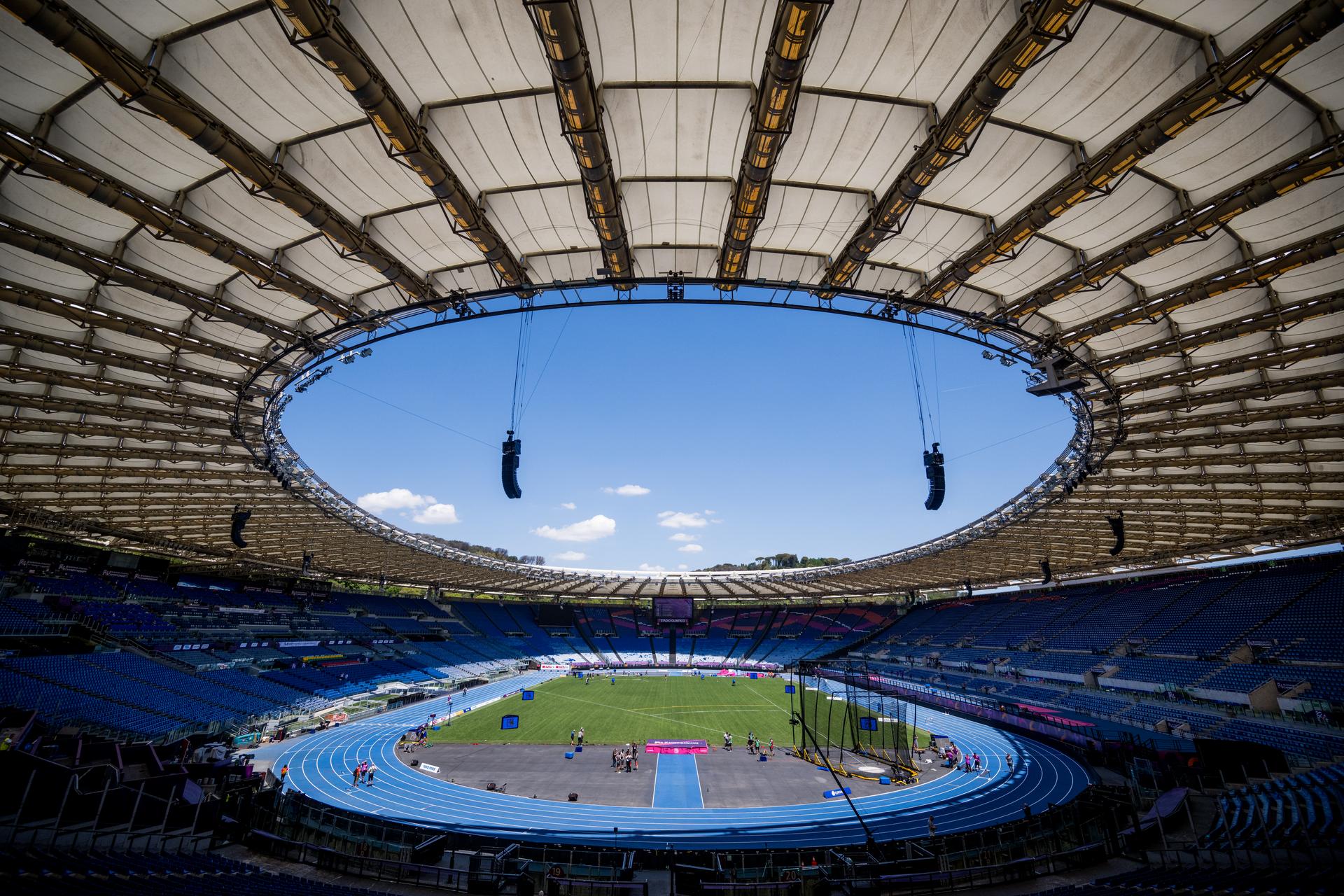 Illustration shows the Olympico Stadium during the preparations ahead of the European Championships Athletics in Rome, Italy, on Thursday 06 June 2024. The Belgian delegation at a European Athletics Championships has never been larger than this year. 59 athletes (35 men and 24 women) will take part in 41 individual competitions in the Italian capital. There will also be five relay teams at the start. BELGA PHOTO JASPER JACOBS