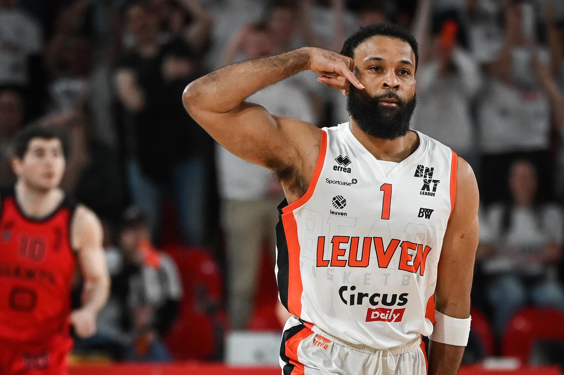 Leuven's James Blackmon celebrates after scoring during a basketball match between Antwerp Giants and Leuven Bears, Sunday 22 March 2026 in Charleroi, the final of the men's Belgian 2026 Basketball Cup. BELGA PHOTO ELIAS ROM