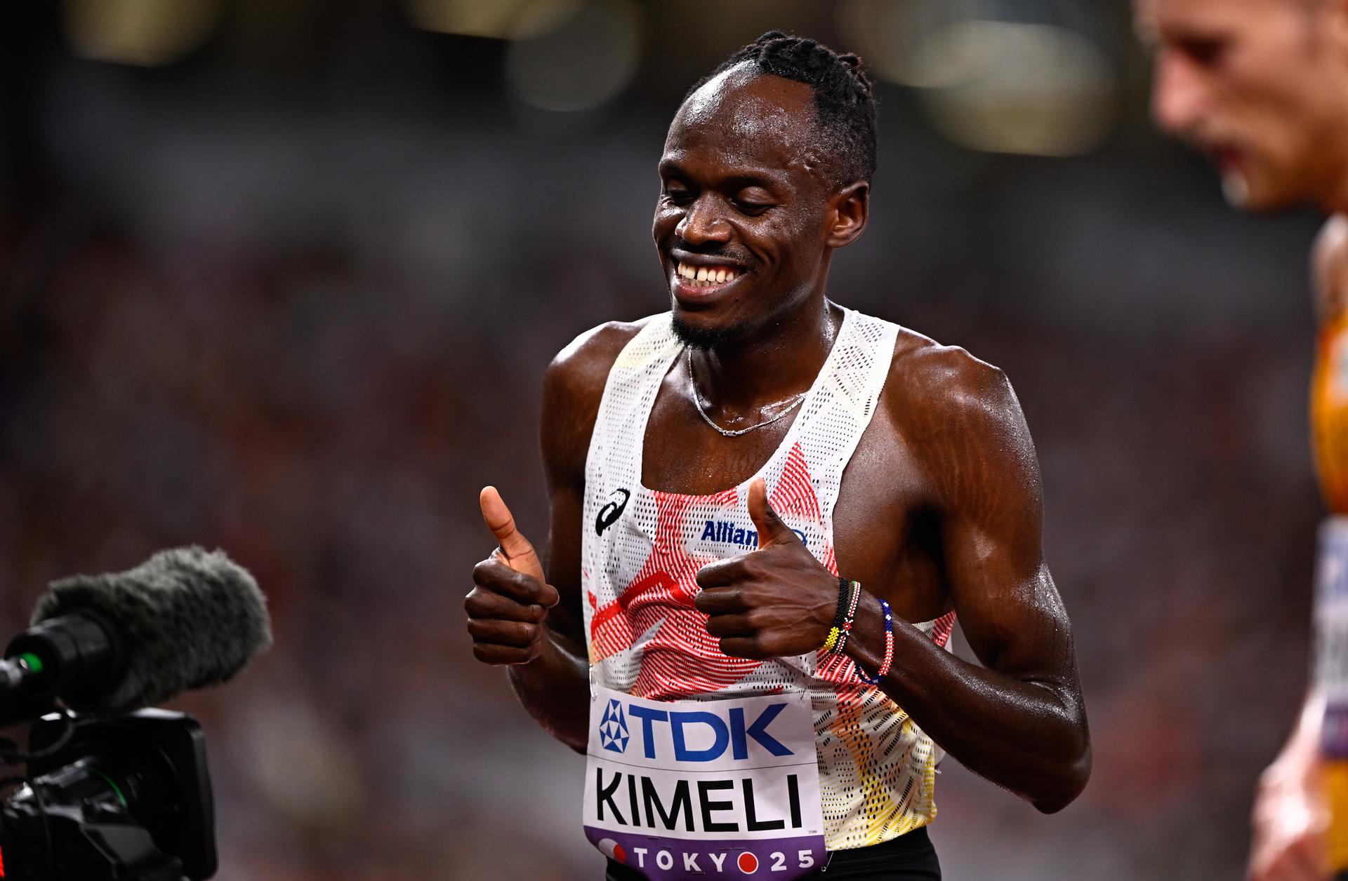 Belgian athlete Isaac Kimeli celebrates after the heats of the 5000m men, at the World Athletics Championships in Tokyo, Japan, on Thursday 18 September 2025. The outdoor Worlds are taking place from 13 to 21 September. BELGA PHOTO JASPER JACOBS